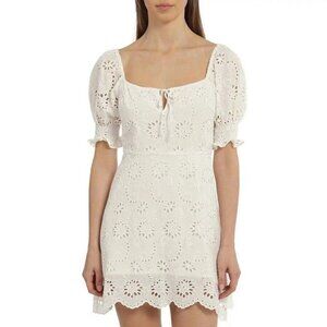 7 FOR ALL MANKIND White Eyelet Lace Short Puff Sleeve Mini Babydoll Dres…